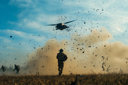 Dramatic scene of drones deploying munitions against enemy forces in a combat zoneの素材