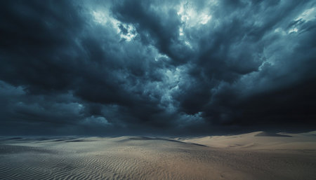 Dramatic fantasy desert landscape with stormy clouds and dark night sky for product presentationsの素材