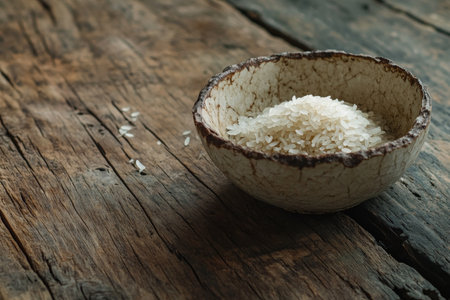 A cracked bowl with grains of rice on a rough wooden table symbolizing hunger and scarcityの素材
