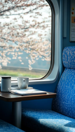 Cozy train interior featuring blue seats, airplane window with cherry blossoms, coffee, and a bookの素材