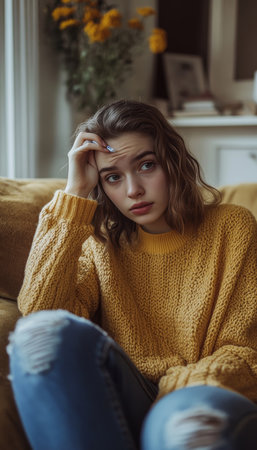 Emotionally distressed young woman at home contemplates unplanned pregnancy while sitting on couchの素材