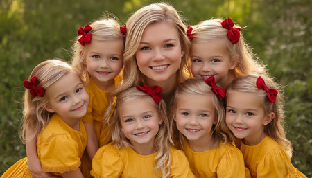 Joyful outdoor family portrait of a blonde mother with her six identical daughters in yellow dressesの素材