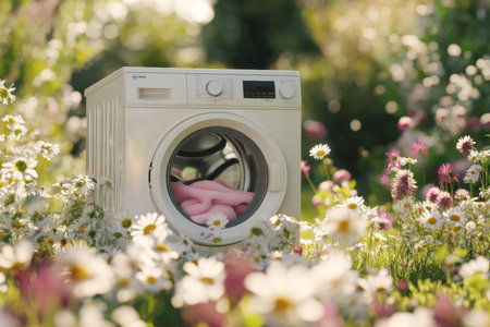 Bright and cheerful outdoor scene featuring a white washing machine surrounded by blooming flowersの素材