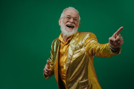 Charismatic elderly man in golden suit exudes festive spirit against lush green backdropの素材