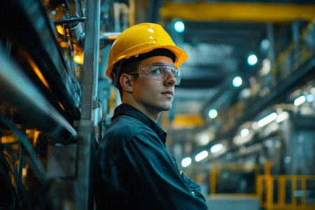 Professional industrial engineer in hard hat and safety glasses operating heavy machinery in factoryの素材