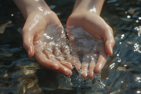 Tranquil hands cradling clear water, reflecting nature s purity and serenity under sunlightの素材