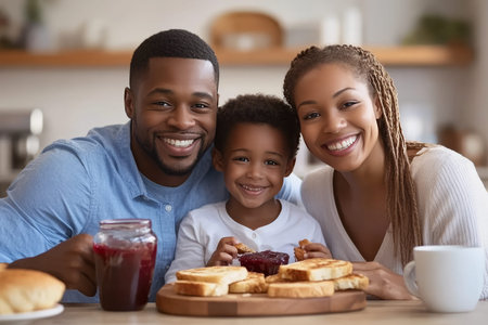 Joyful black family enjoying breakfast together with jam and toast at their cozy homeの素材