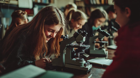 Young engaged students in microscopy, exploring science together in a warm classroom environmentの素材