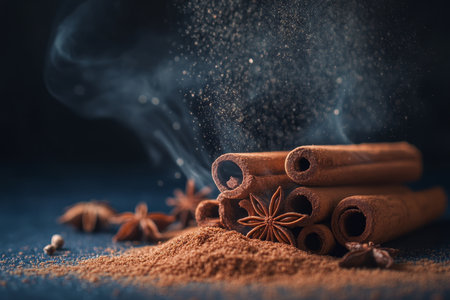 Aromatic spices a beautiful arrangement of cinnamon sticks and star anise on warm powdersの素材