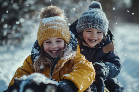 Joyful children sledding with huskies in the snow, celebrating movement and leisure outdoorsの素材