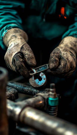 Expert plumber repairing water pipes with adjustable wrench in a professional settingの素材