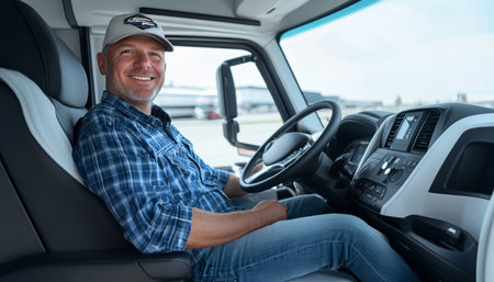 Smiling man in trucker hat captured in stylish semi truck interior with modern featuresの素材