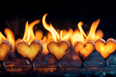 Artistic representation of fiery hearts a captivating photography concept featuring flamesの素材