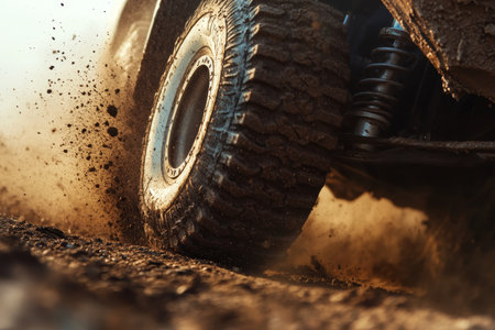 Dynamic off road vehicle close up capturing dust and adventure in rugged terrain actionの素材