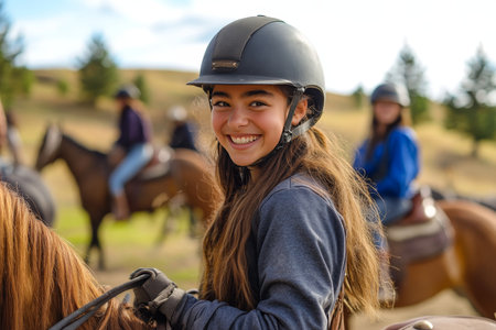 Girl in helmet thrills while riding horseback through scenic landscape on a beautiful dayの素材