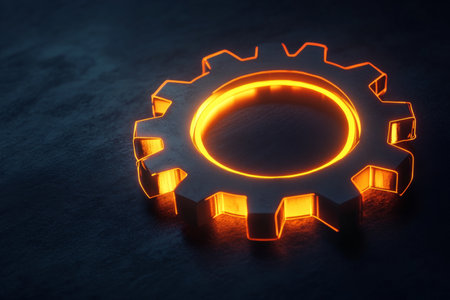 Illuminated gear mechanism icon on dark backdrop representing collaboration and team effortの素材