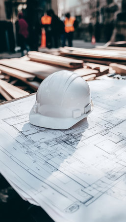 Symbolizing safety in architecture white helmet and blueprints on construction plansの素材