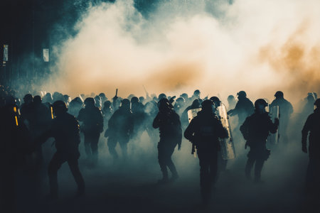 Protesters clash with police amid smoke and chaos, emphasizing conflict and social issuesの素材