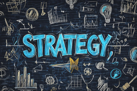 Dynamic business strategy concept featuring bold strategy text and creative icons for innovationの素材