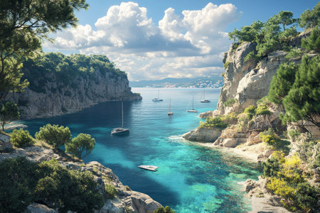 Breathtaking mediterranean coastal landscape with turquoise waters and rocky cliffs under bright skyの素材