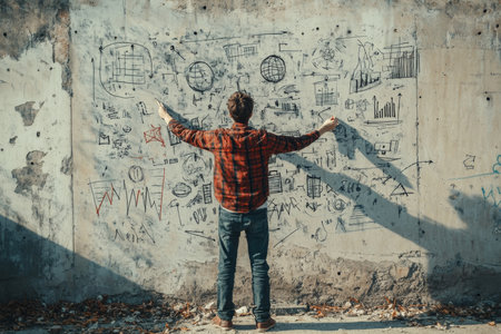 Young man sketching business icons on a concrete wall surrounded by doodles and chartsの素材
