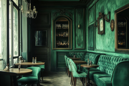 Charming Parisian cafe a vintage retreat with lush green ambiance and elegant atmosphereの素材