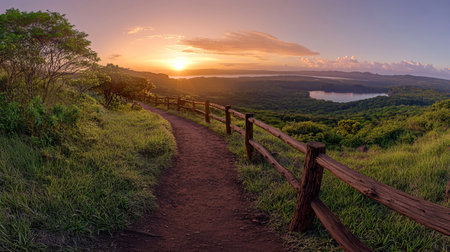 Panoramic scenic hiking trail at sunrise with lush hills, lakes, and a rustic wooden handrailの素材