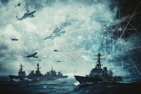 Exhibition of modern military assets fighter jets, ships, satellites, and data linksの素材