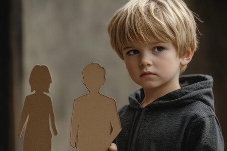 Realistic portrait of a young blond boy in dark gray hoodie holding cardboard cutoutsの素材