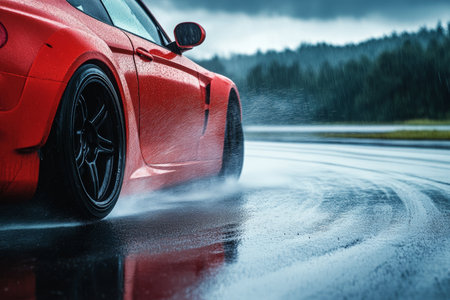 Dynamic photography of a car expertly drifting around a sharp corner on a wet, slick road.の素材