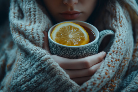 Cozy self care concept person wrapped in blanket sipping hot lemon tea while fighting a coldの素材
