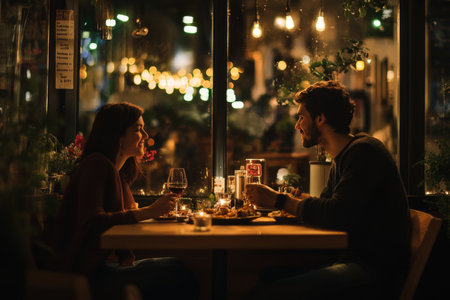 Couple enjoying a romantic dinner in a cozy restaurant with soft lighting and selectable cuisineの素材