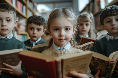 Children's day celebration in a library with children reading books, enjoying education and joyの素材