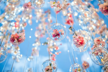 Stunning ceiling decor featuring floral accents and blue sky ornaments for a vibrant atmosphereの素材