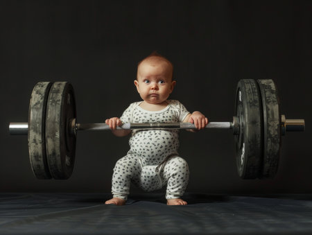 Humorous image of a robust baby lifting a heavy barbell with incredible strength and charmの素材