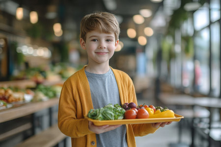 Adorable young boy presenting a tray of nutritious food in a school canteen settingの素材