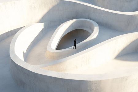 Aerial view of a circular white maze with a solitary figure in formal attire at the centerの素材