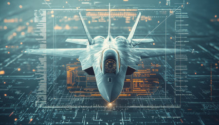 Futuristic military aircraft with advanced digital radar interface technology in 3d renderの素材