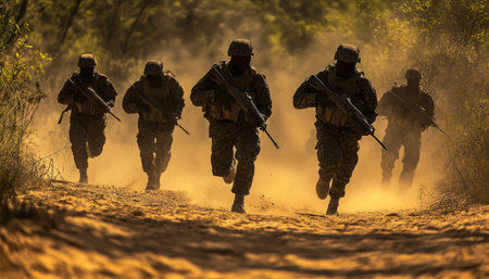 Modern soldiers advancing on sandy battlefield a display of strength and tactical preparednessの素材