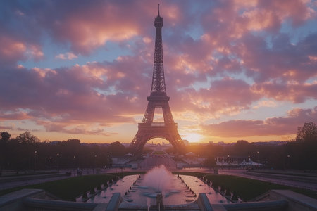Stunning sunset view of the eiffel tower in paris with pink clouds and fountain in foregroundの素材