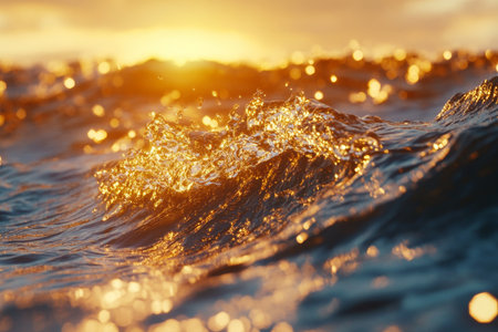 Cinematic close up of a cresting ocean wave at sunset with vibrant colors and natural beautyの素材