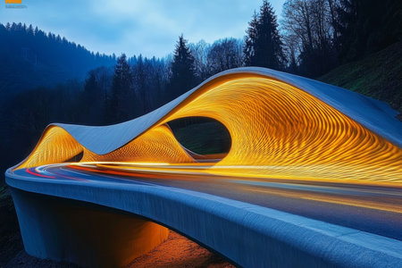 Captivating long exposure night photograph of a curved highway in germany with vibrant light trailsの素材