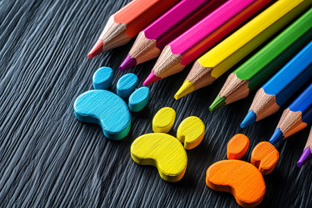 Artistic arrangement of colorful pencils and handmade paw shaped cutouts on dark wooden backgroundの素材