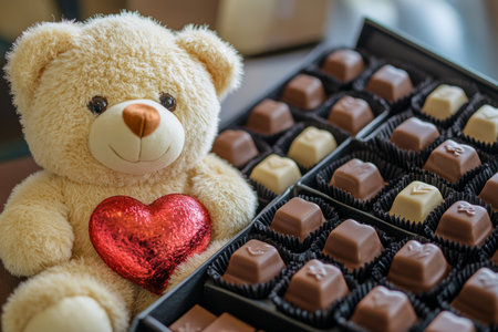 Adorable teddy bear embracing a heart with a charming chocolate gift box surpriseの素材
