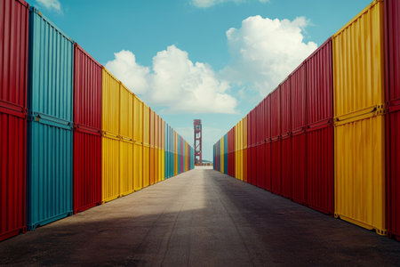 Vibrant symmetrical shipping yard with colorful cargo containers under a bright blue skyの素材