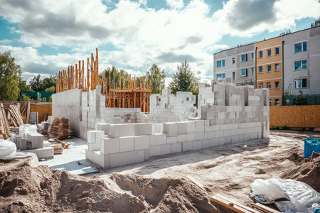 Construction site with aerated concrete blocks, masonry walls, and a residential backdropの素材
