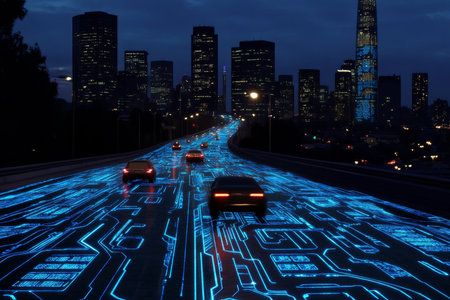 Futuristic nighttime urban scene showcasing a highway merging with digital technology and innovationの素材