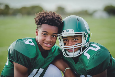 Dynamic portrait of a young football player on the field capturing athletic spirit and enthusiasmの素材