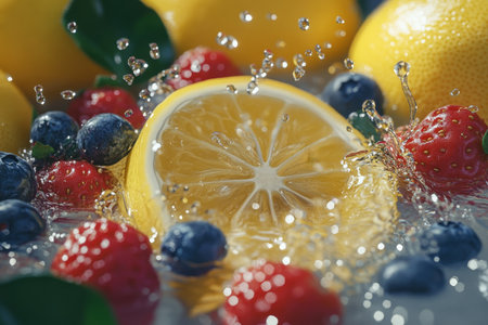 Dynamic splash of fresh fruits in motion a hyper realistic display of vibrant colors and texturesの素材