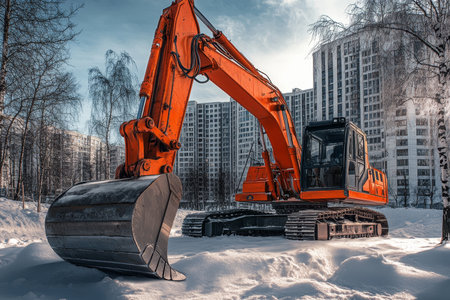 Hyper realistic photo of orange excavator in snowy urban setting with modern buildings and treesの素材